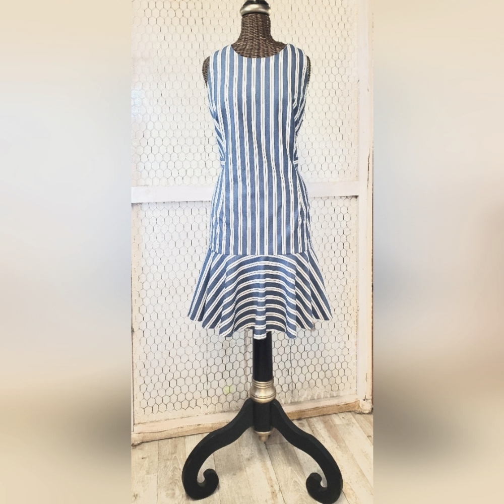 Banana Republic- Classic Nautical, Blue & White striped midi dress, w/ ruffle